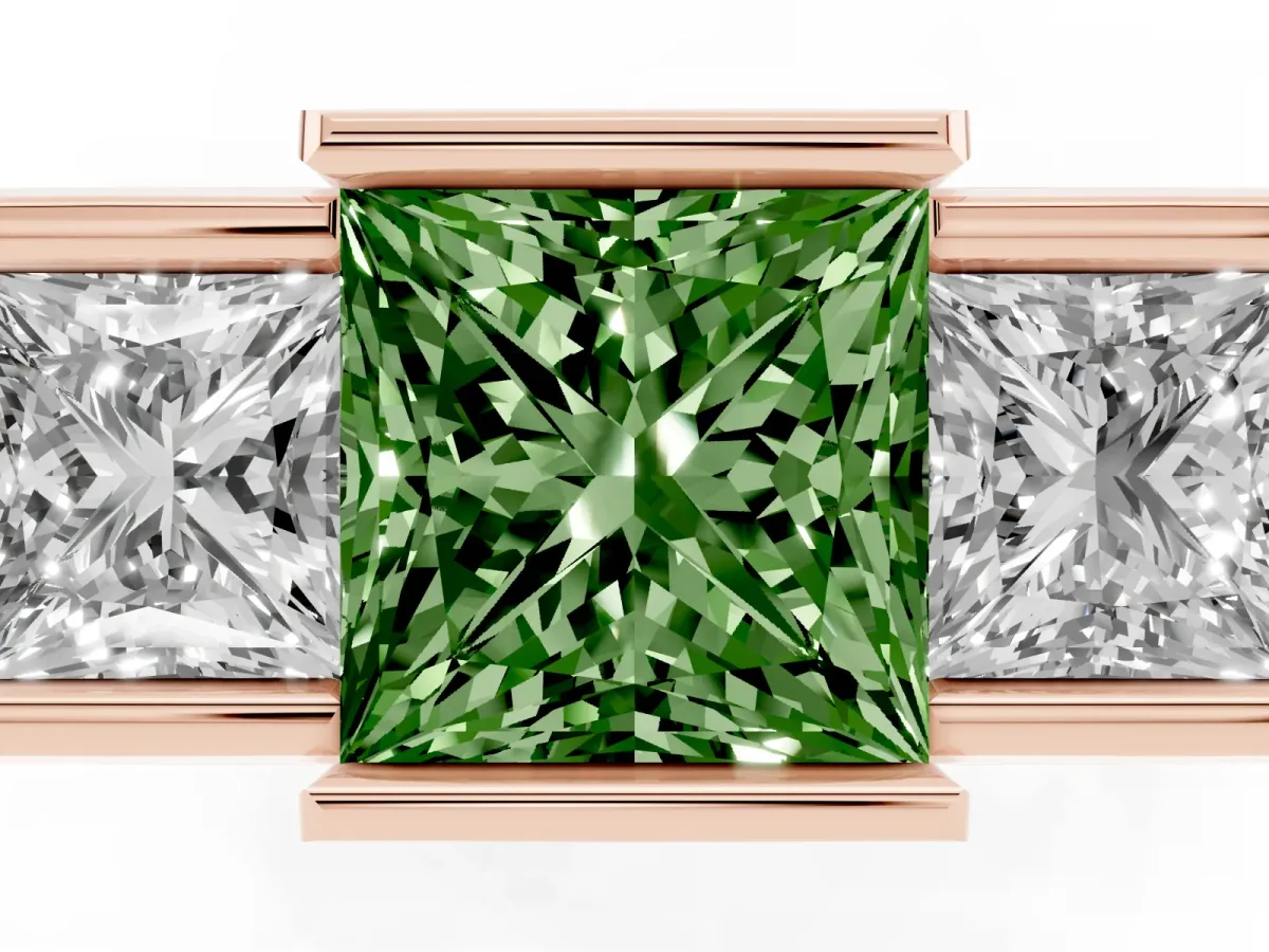 Fancy Green Three Stone Princess Cut Cut Channel Set Diamond Ring Rose gold
