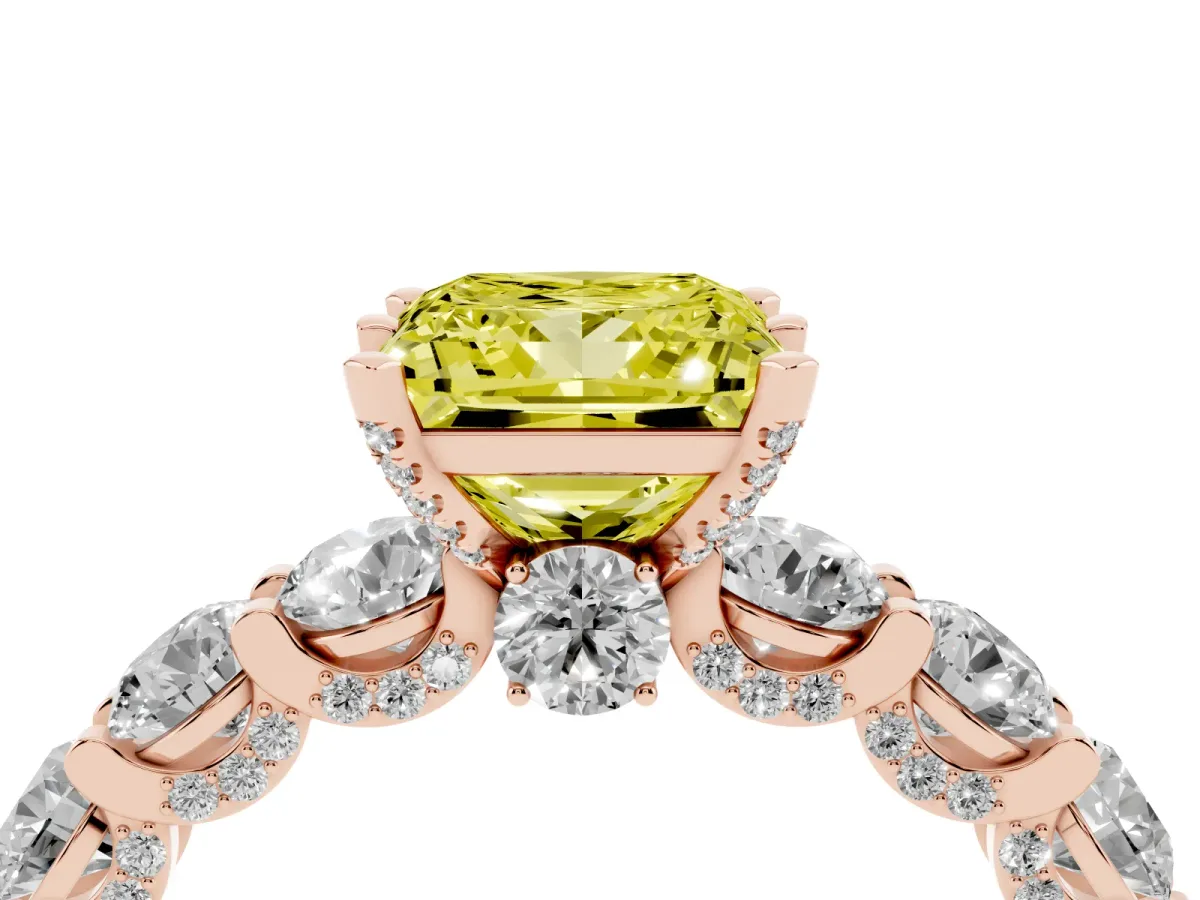Fancy Yellow Princess Cut Diamond Side Stone Engagement Ring with Four-Prong Setting Rose gold
