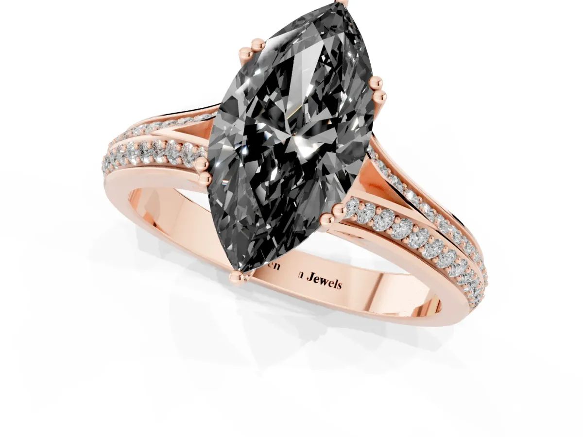 Fancy Black Marquise Cut Diamond Split Shank Engagement Ring with Pavé Band Rose gold