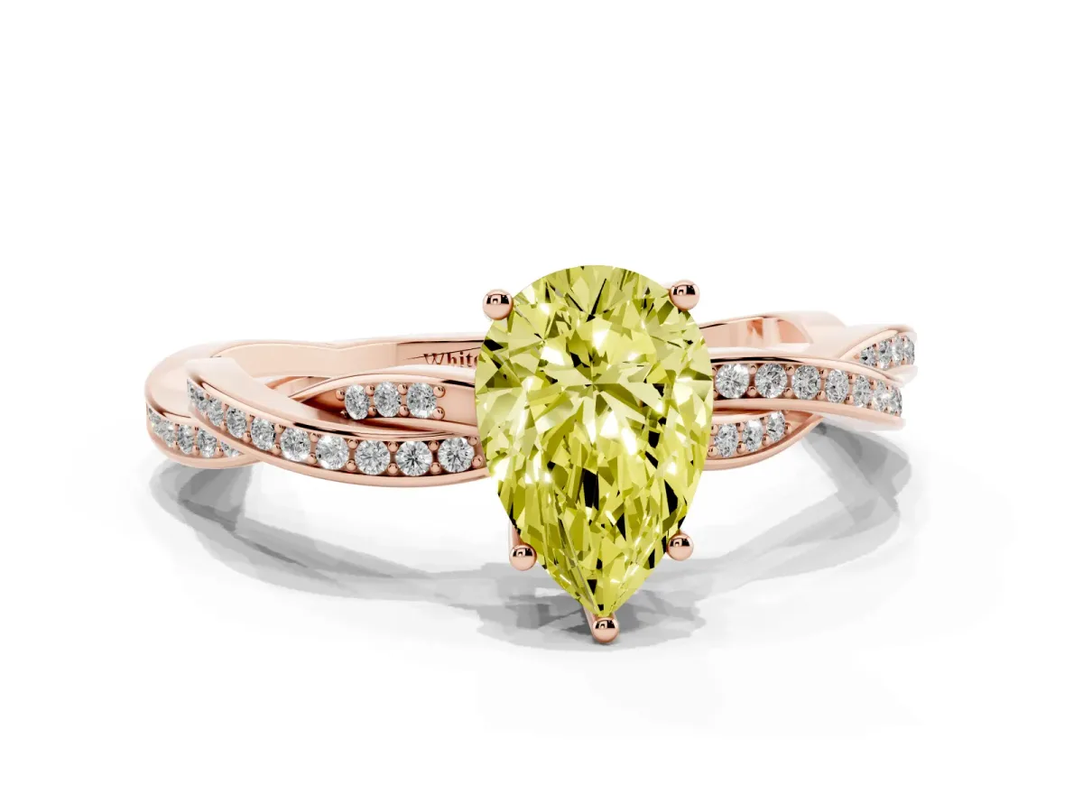 Fancy Yellow Pear Cut Solitaire Twisted Pave Diamond Ring with Four-Prong Setting Rose gold