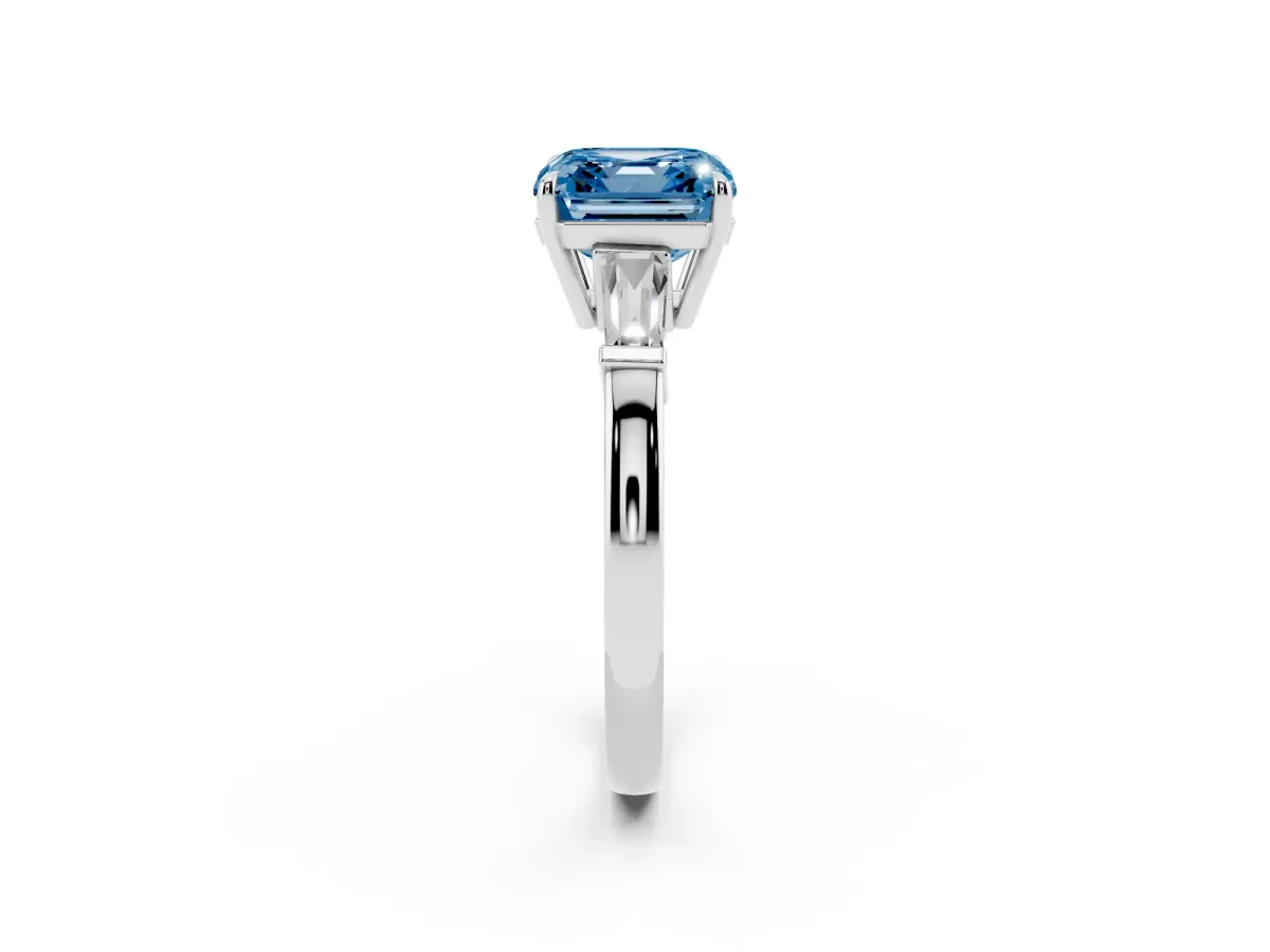 Fancy Blue Asscher Cut Diamond Three-Stone Ring with Tapered Baguette Side Stones and Prong Setting Silver