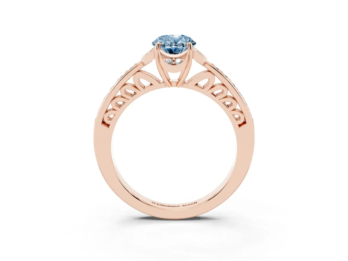 Fancy Blue Oval Cut Cut Halo Diamond Ring with Channel Set Band and Four-Prong Setting Rose gold