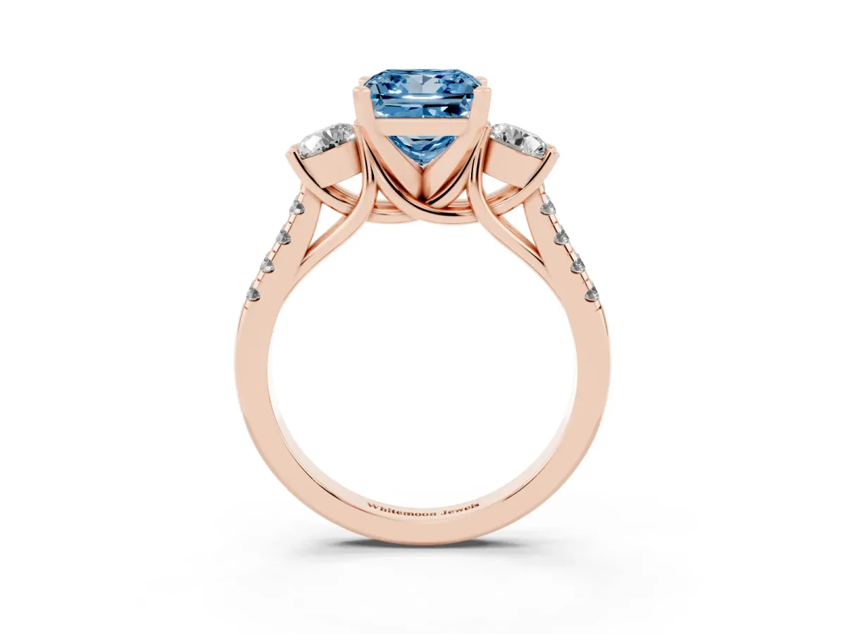 Fancy Blue Three-Stone Princess Cut Diamond Pavé Band with Four-Prong Setting Rose gold