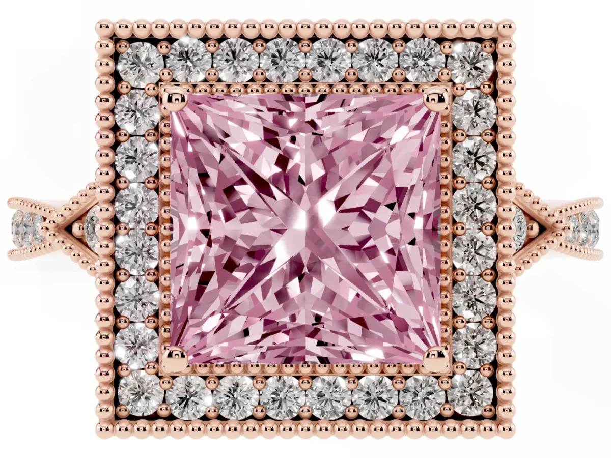 Fancy Pink Princess Cut Halo Round Diamond Milgrain Pave Engagement Ring Rose gold