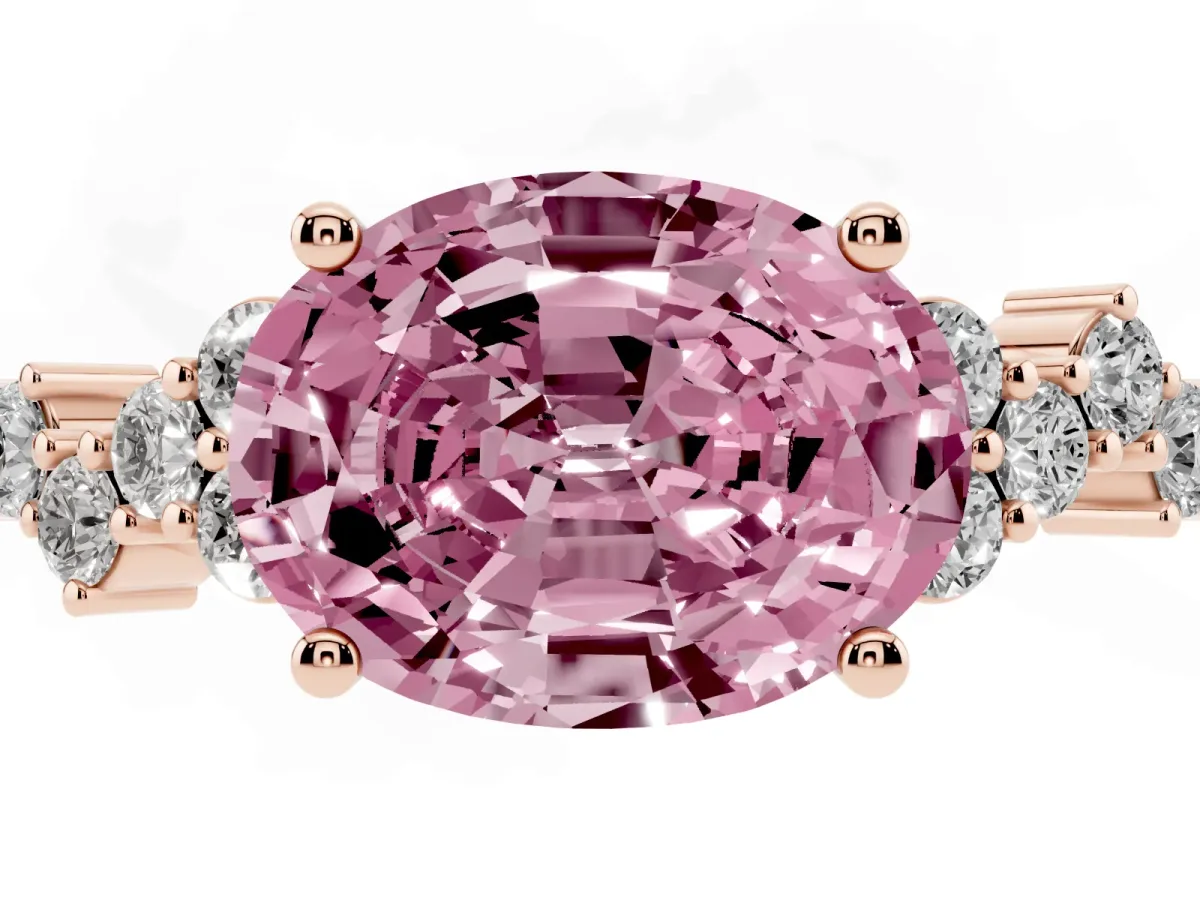 Fancy Pink Oval Cut Diamond Scattered Round Accent Ring with Prong Setting Rose gold
