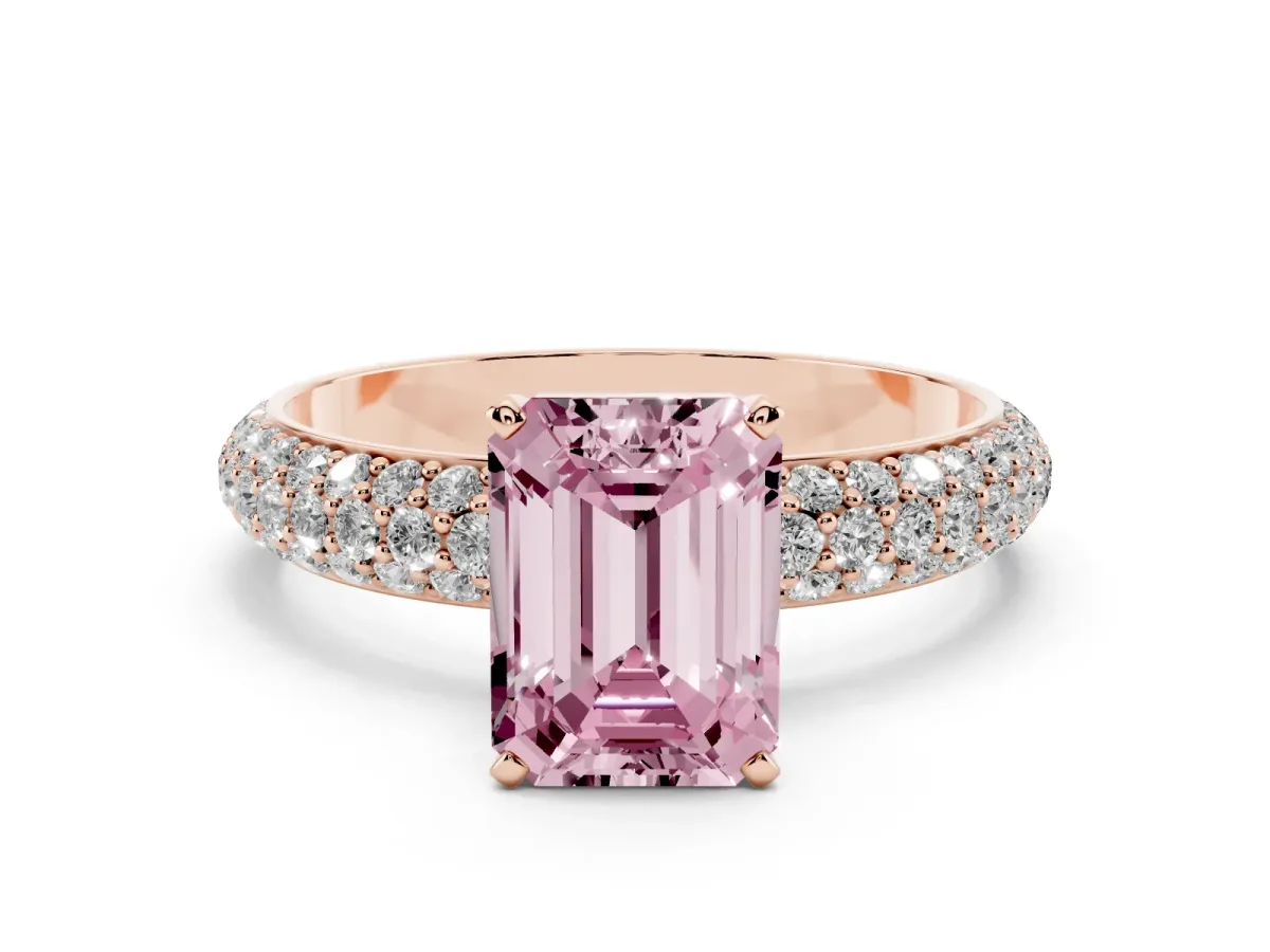 Fancy Pink Emerald Cut Diamond Solitaire Ring with Prong Setting and Pavé Band Rose gold