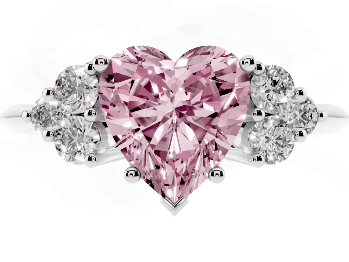 Fancy Pink Heart Cut Cut Diamond Cluster Ring with Solitaire Band and Four-Prong Setting Silver