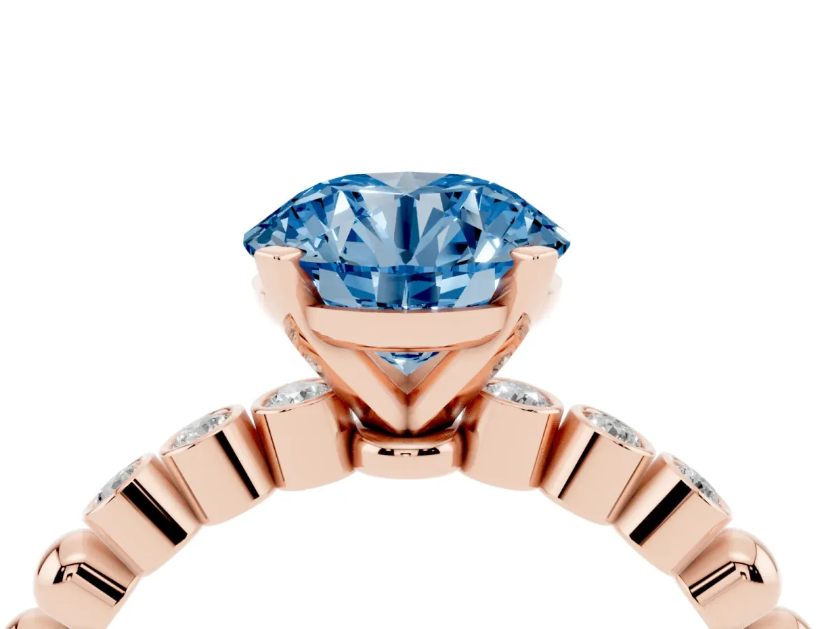 Fancy Blue Round Cut Solitaire Bezel Accent Diamond Engagement Ring with Beaded Band and Four-Prong Setting Rose gold