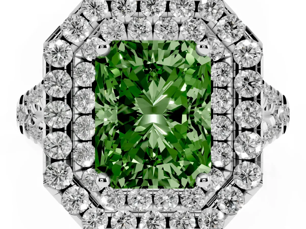 Fancy Green Double Halo Radiant Cut Diamond Pavé Split Shank Ring with Prong Setting Silver
