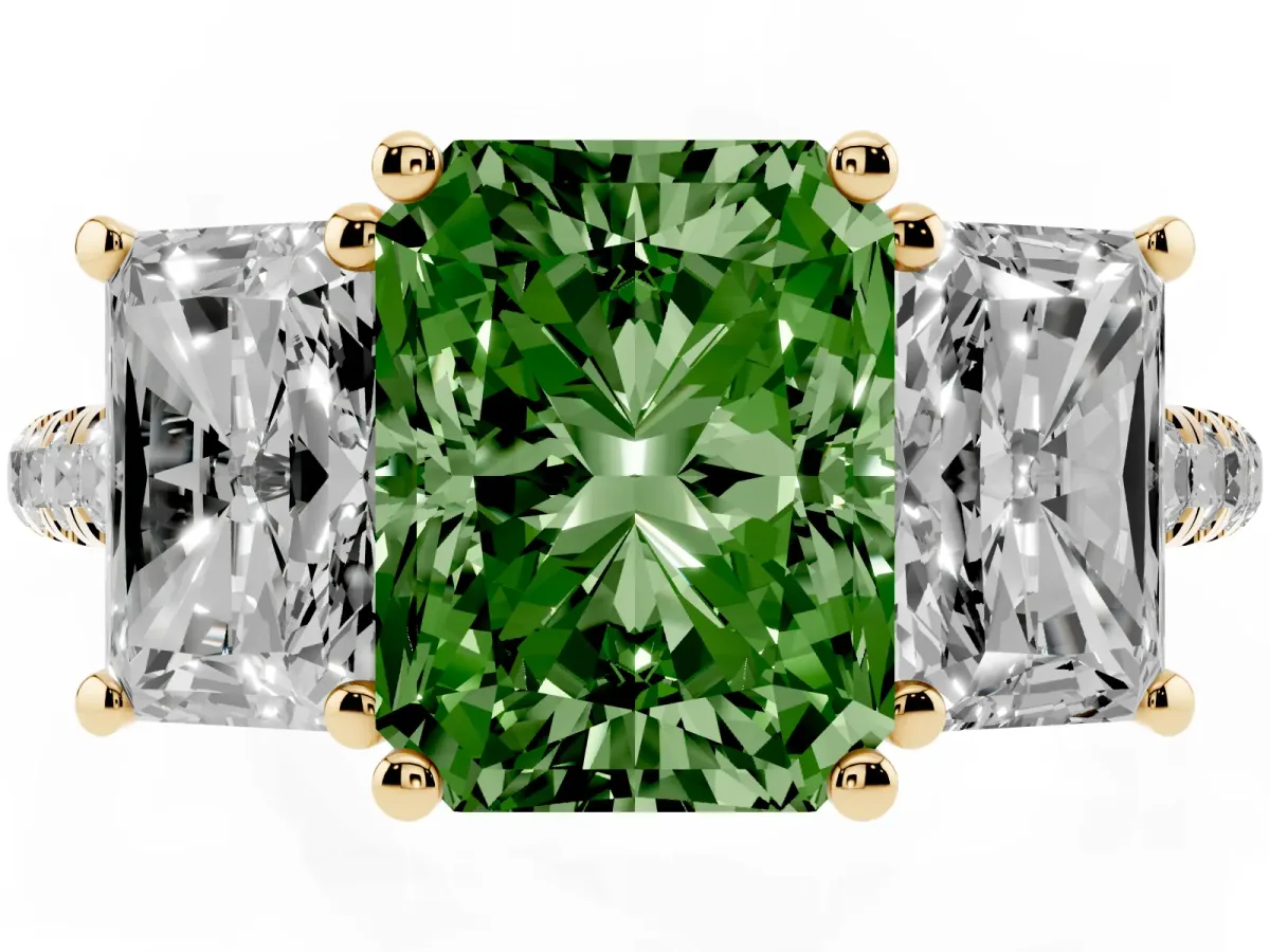 Fancy Green Three-Stone Radiant Cut Diamond Ring with Round Pavé Band and Prong Setting Yellow gold