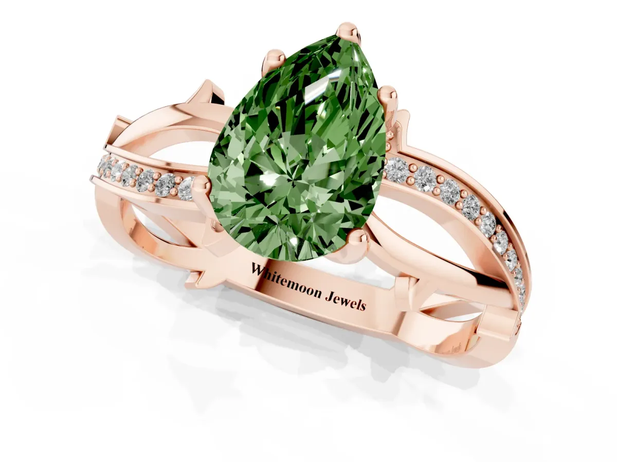 Fancy Green Pear Cut Solitaire Twist Band with Pavé Accents and Four-Prong Setting Rose gold