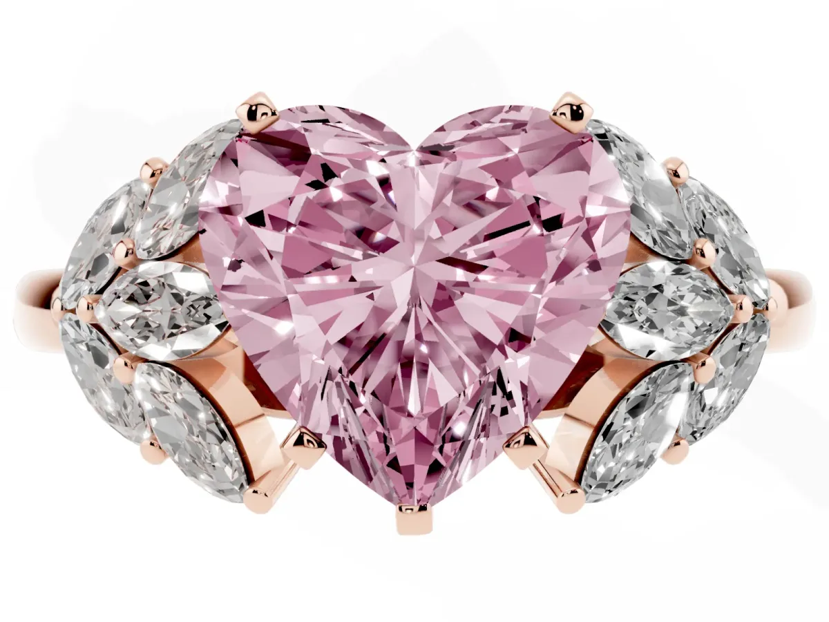 Fancy Pink Heart Cut Diamond Cluster Leaf Design Ring with Prong Setting Rose gold