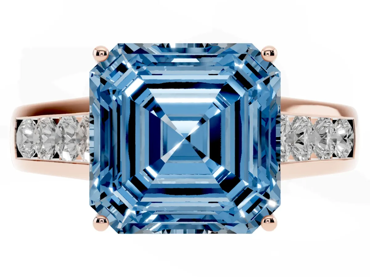 Fancy Blue Asscher Cut Solitaire Channel-Set Diamond Engagement Ring with Four-Prong Setting Rose gold