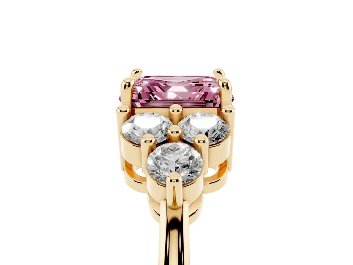 Fancy Pink Asscher Cut Brilliant Diamond Cluster Accent Solitaire Ring with Prong Setting Yellow gold