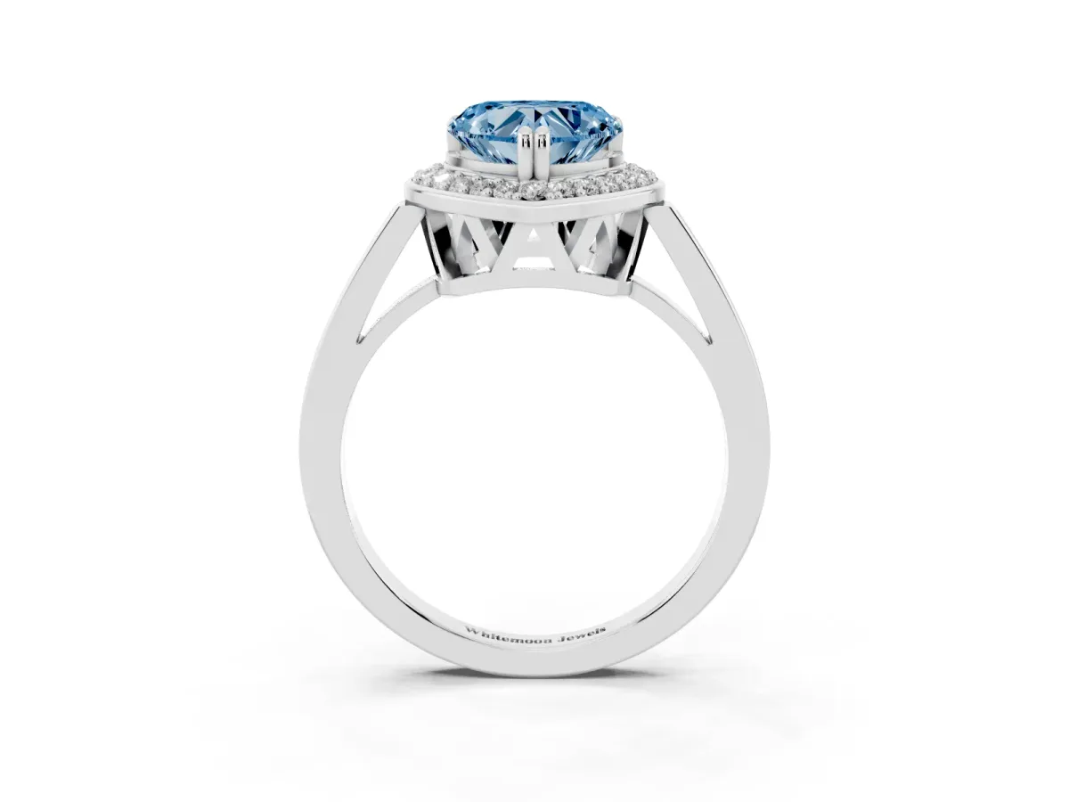 Fancy Blue Heart Cut Diamond Halo Ring with Split Shank and Four-Prong Setting Silver