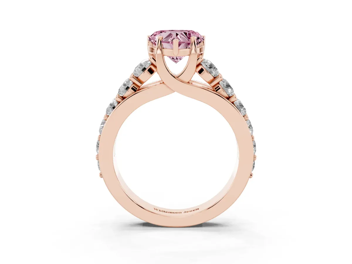 Fancy Pink Heart Cut Diamond Engagement Ring with Pavé Band and Four-Prong Setting Rose gold