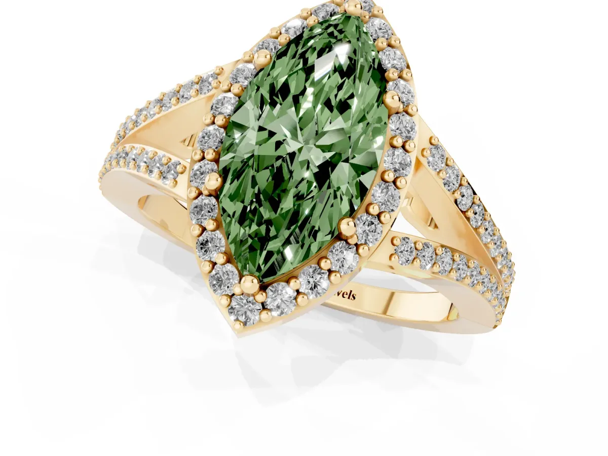 Fancy Green Marquise Cut Halo Split Shank Pave Diamond Ring with Four-Prong Setting Yellow gold