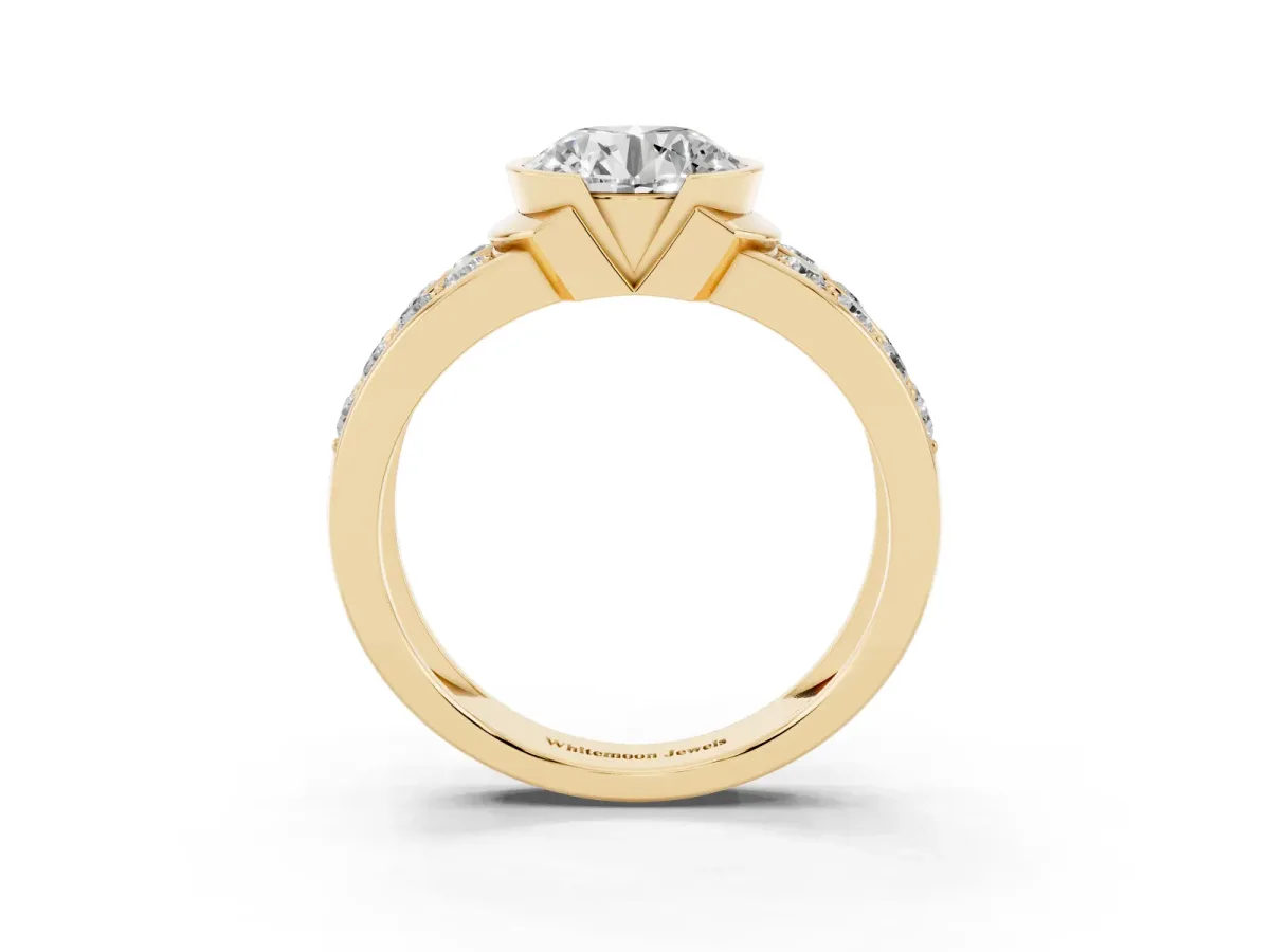 Round Cut Brilliant Diamond Channel Set Wide Band Ring with Bezel Setting Yellow gold