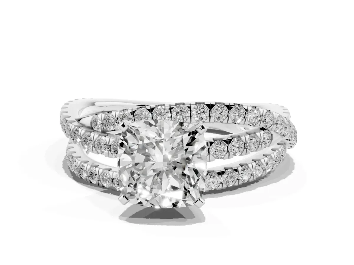 Cushion Cut Solitaire Twist Band with Pavé Setting and Four-Prong Setting Silver