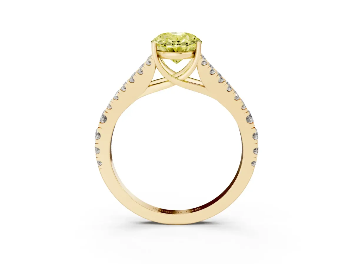 Fancy Yellow Oval Cut Diamond Split Shank Engagement Ring with Round Pavé and Prong Setting Yellow gold