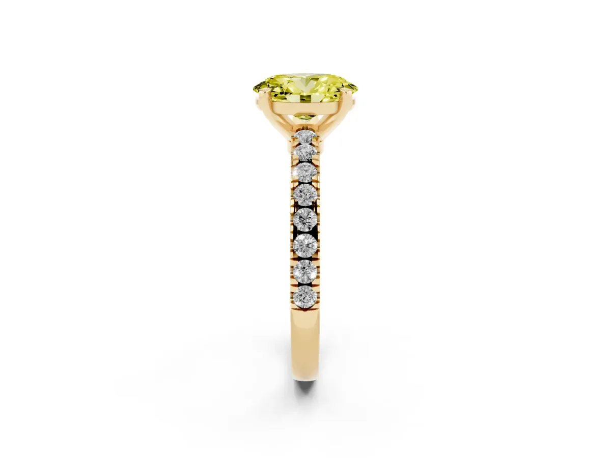 Fancy Yellow Oval Cut Solitaire Diamond with Pavé Band and Four-Prong Setting Yellow gold