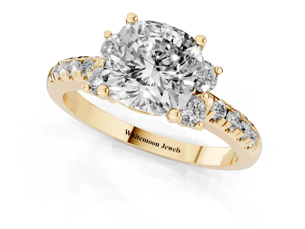 Cushion Cut Diamond Three-Stone Pave Band with Four-Prong Setting Yellow gold