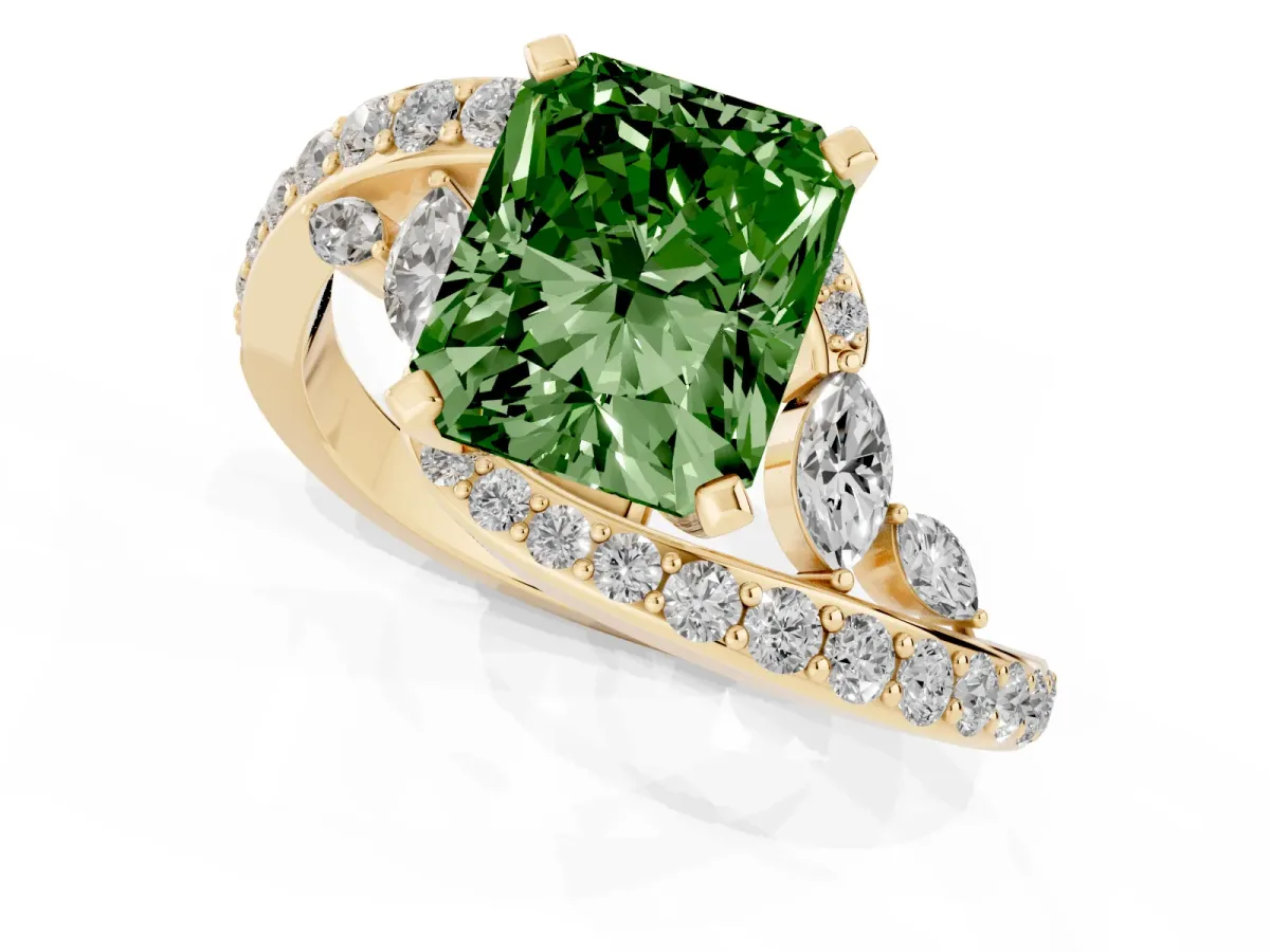 Fancy Green Radiant Cut Solitaire with Pavé Twist Band and Four-Prong Setting Yellow gold
