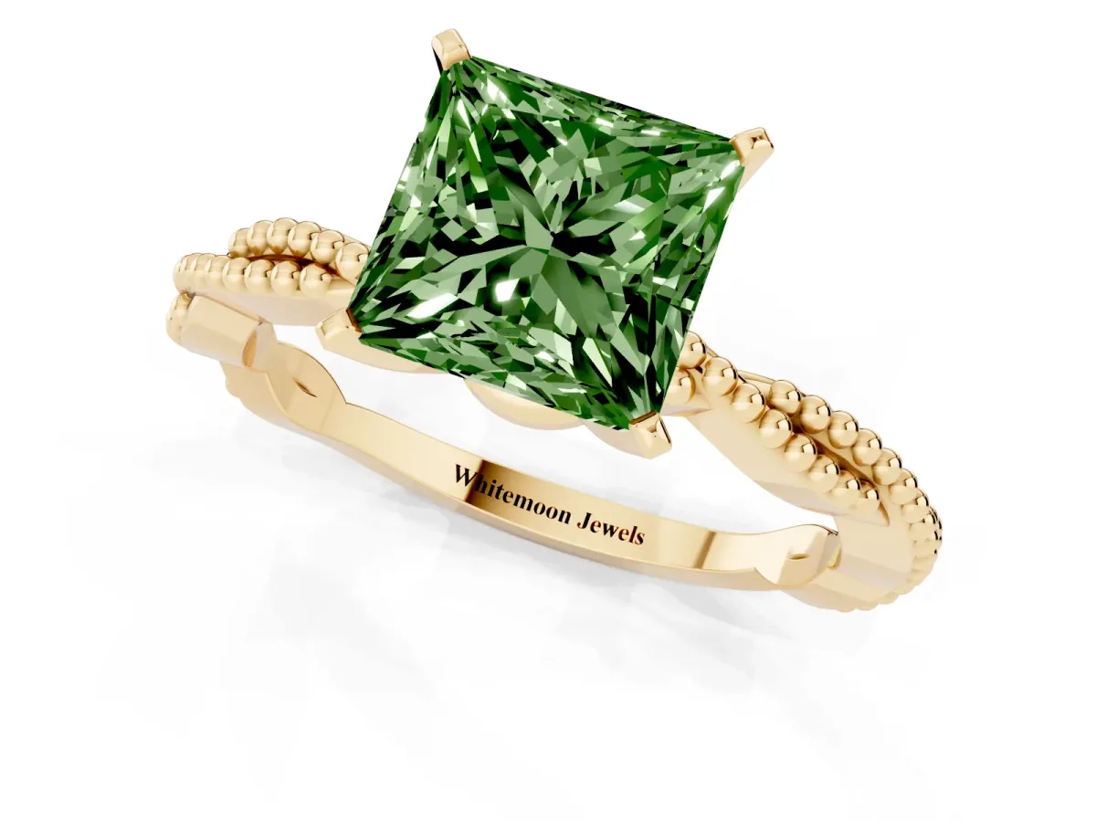 Fancy Green Princess Cut Solitaire Twisted Band with Bead Prong Setting Yellow gold