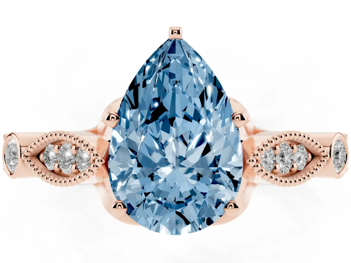 Fancy Blue Pear Cut Cut Diamond with Milgrain Marquise and Bezel Accents on a Solitaire Band with Prong Setting Rose gold