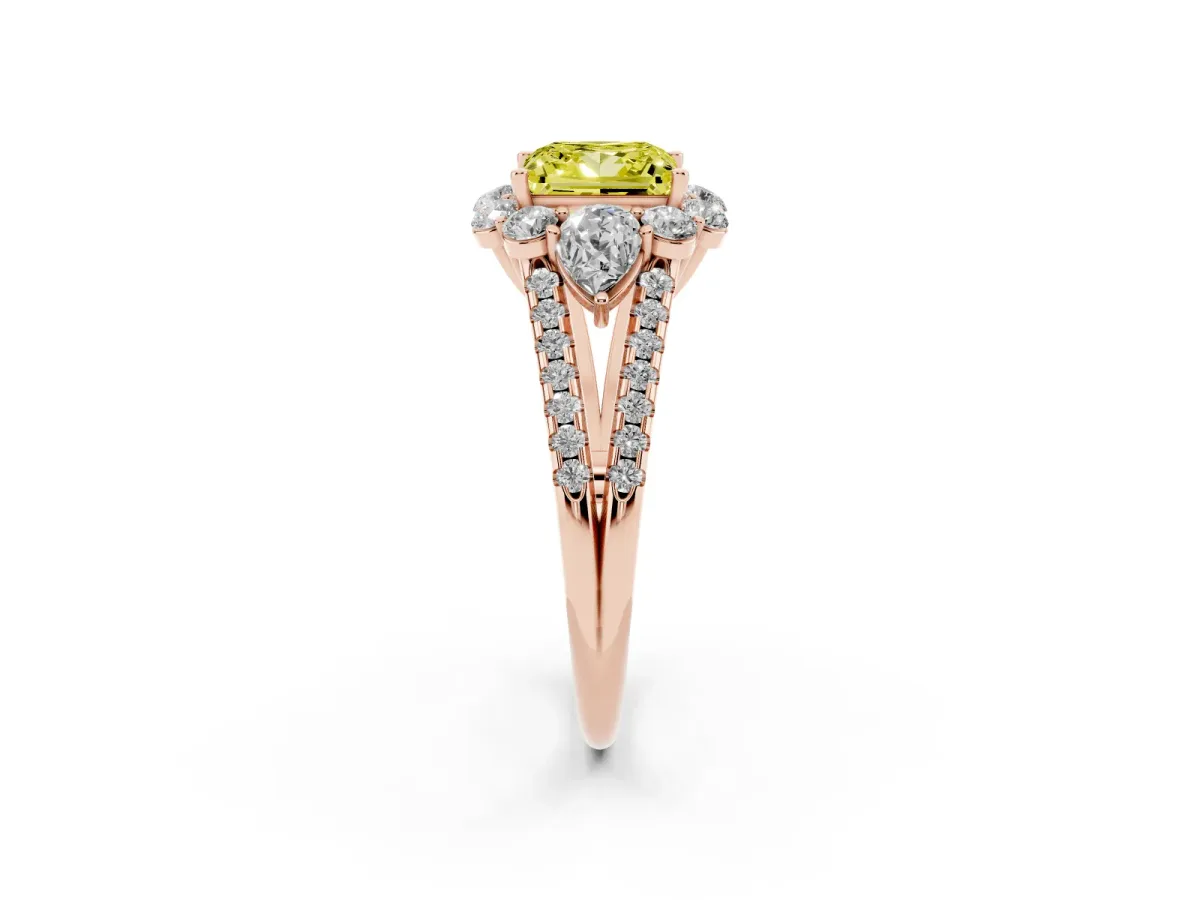 Fancy Yellow Princess Cut Halo Split Shank Diamond Engagement Ring with Prong Setting Rose gold