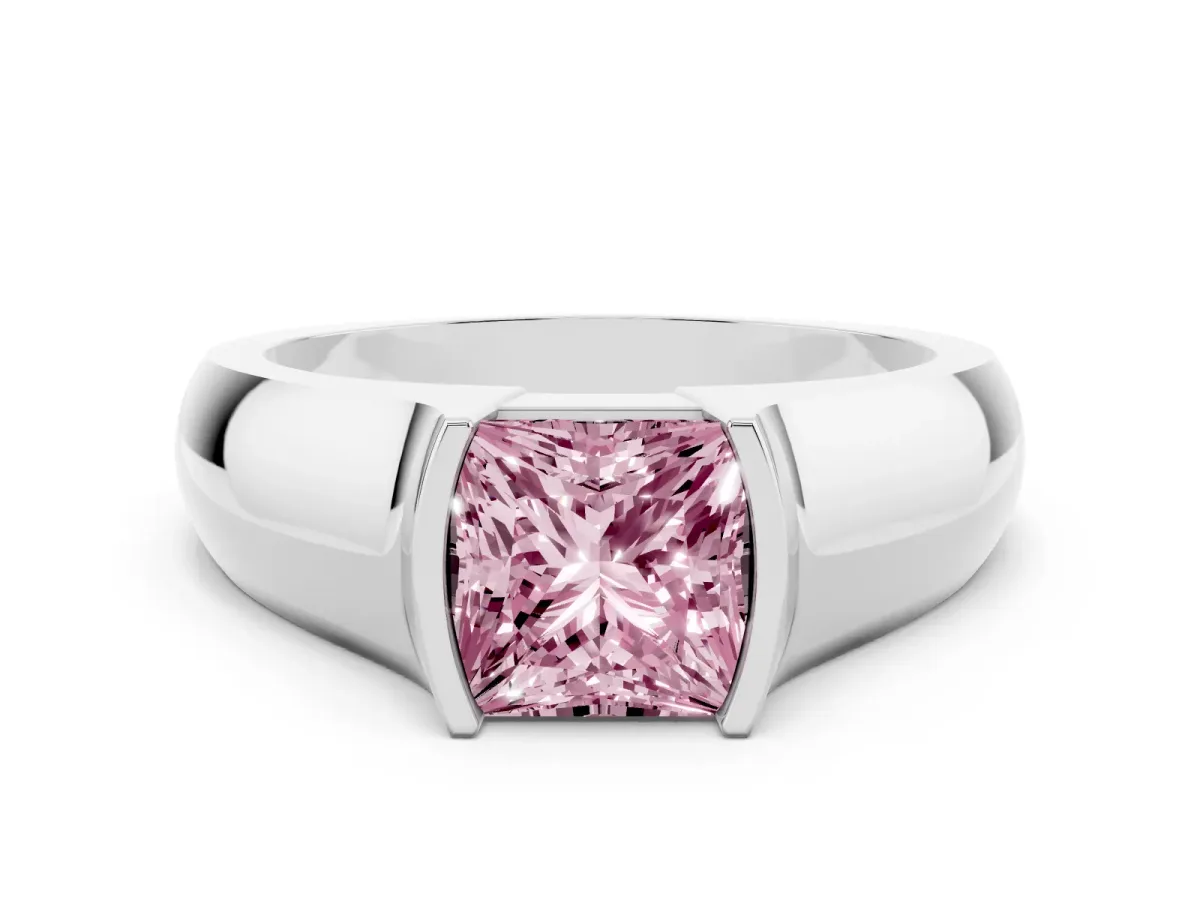 Fancy Pink Princess Cut Solitaire Bezel Set Diamond Ring with Wide Band Silver