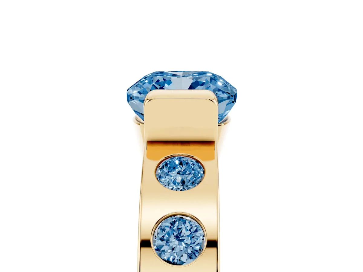 Fancy Blue Cushion Cut Brilliant Channel-Set Diamond Ring with Bezel Prong Setting Yellow gold