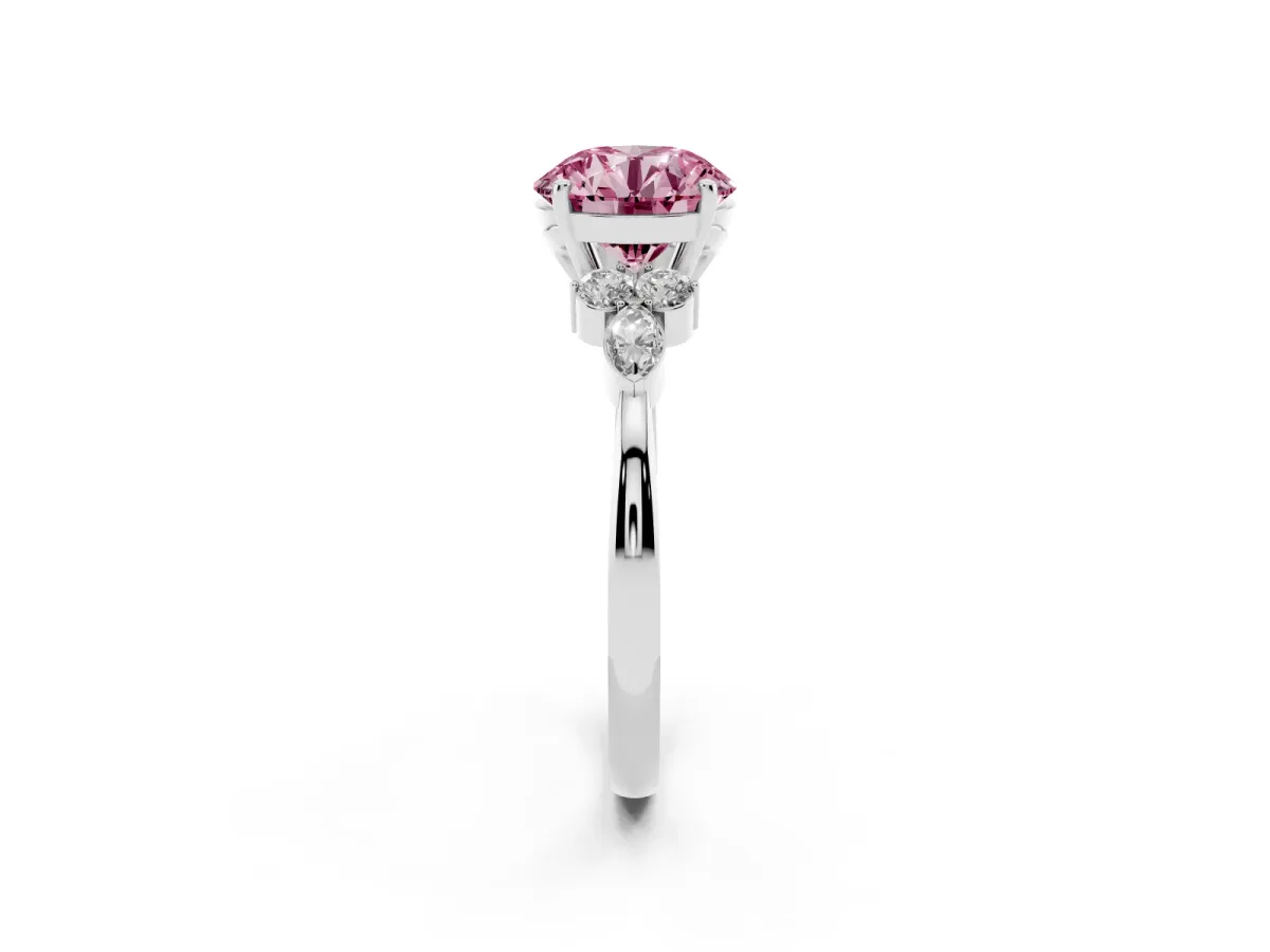 Fancy Pink Round Cut Brilliant Diamond Solitaire Ring with Pear Side Stones and Four-Prong Setting White gold