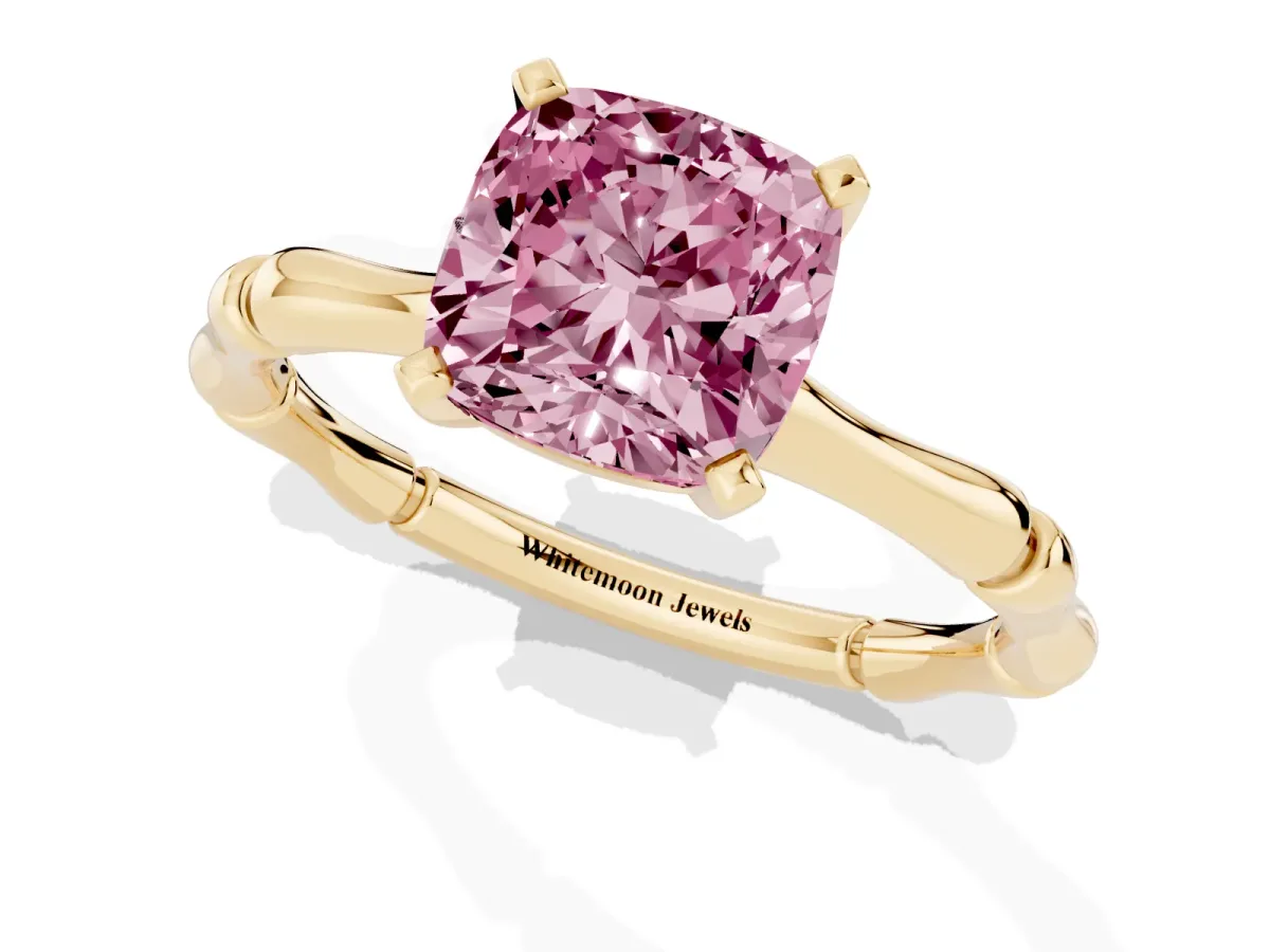 Fancy Pink Cushion Cut Solitaire Diamond Ring with Bamboo Band and Four-Prong Setting Yellow gold