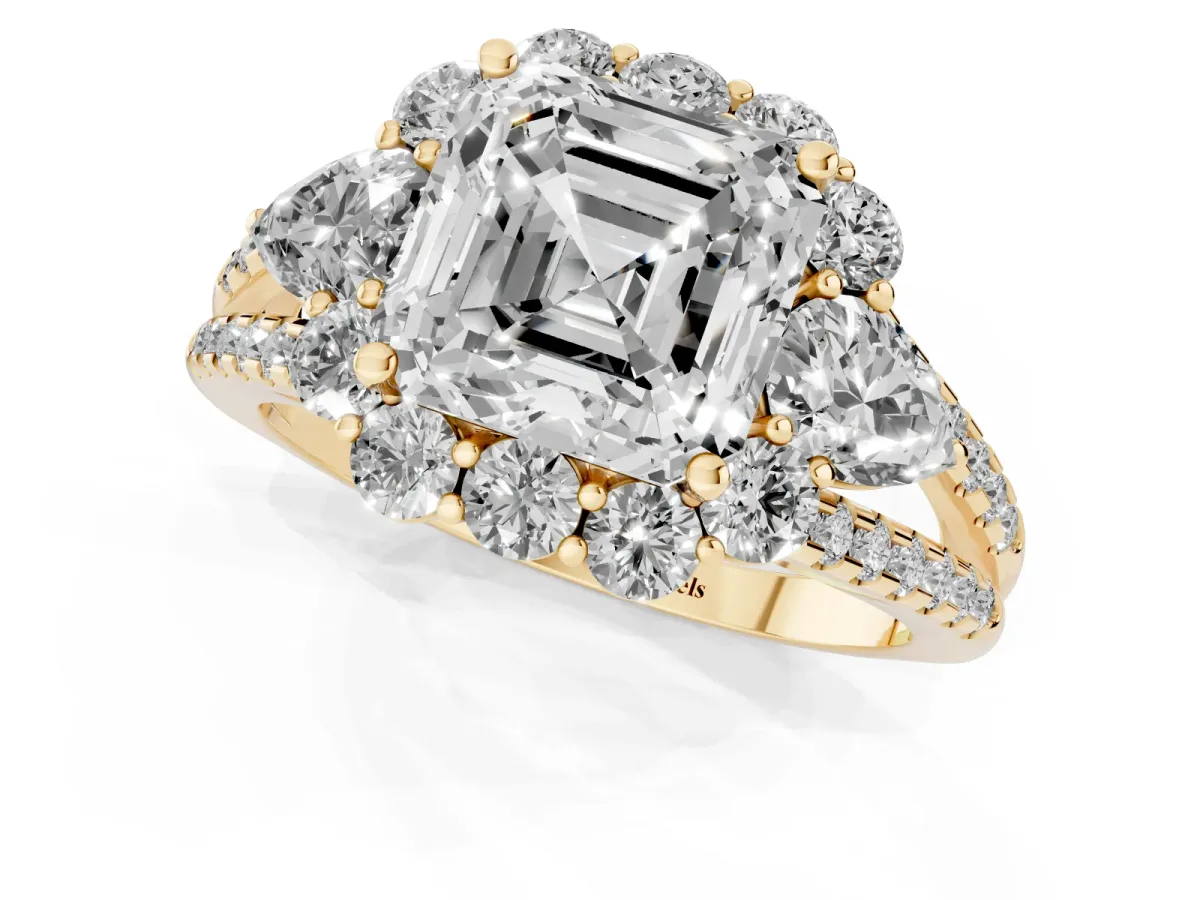 Asscher Cut Halo Split Shank Diamond Engagement Ring with Prong Setting Yellow gold