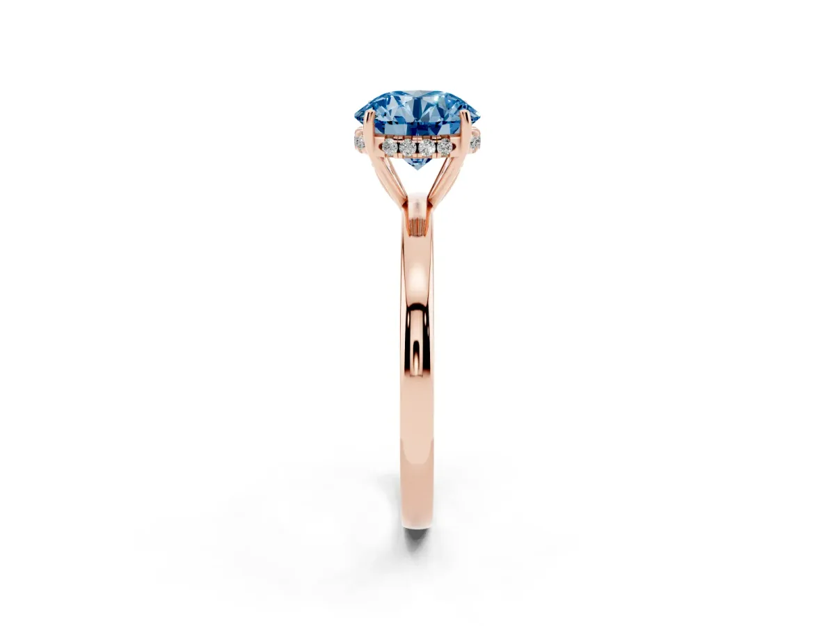 Fancy Blue Round Cut Solitaire Diamond Ring with Prong Setting and Plain Band Rose gold
