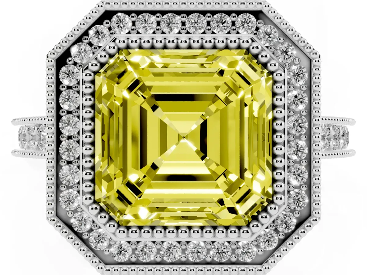 Fancy Yellow Halo Asscher Cut-Cut Diamond Pave Band Milgrain Prong Setting Ring Silver