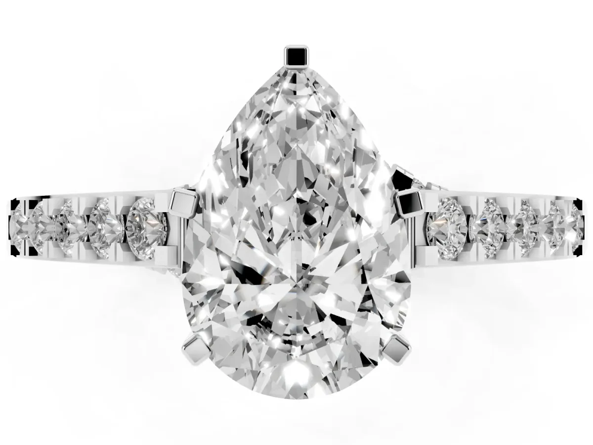 Pear Cut Diamond Solitaire Ring with Crossover Gallery and Round Pavé Band Silver