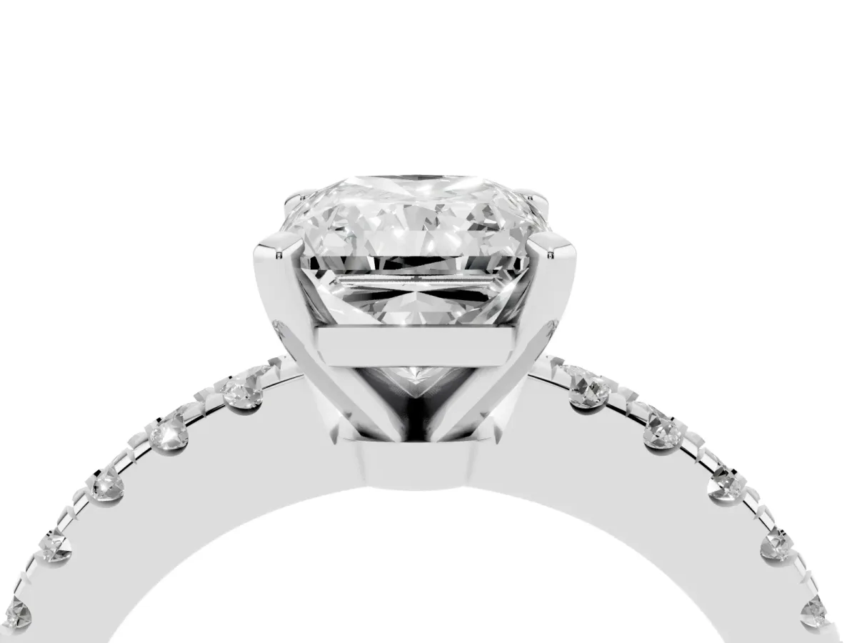 Radiant Cut Solitaire Diamond with Pavé Band and Four-Prong Setting Silver
