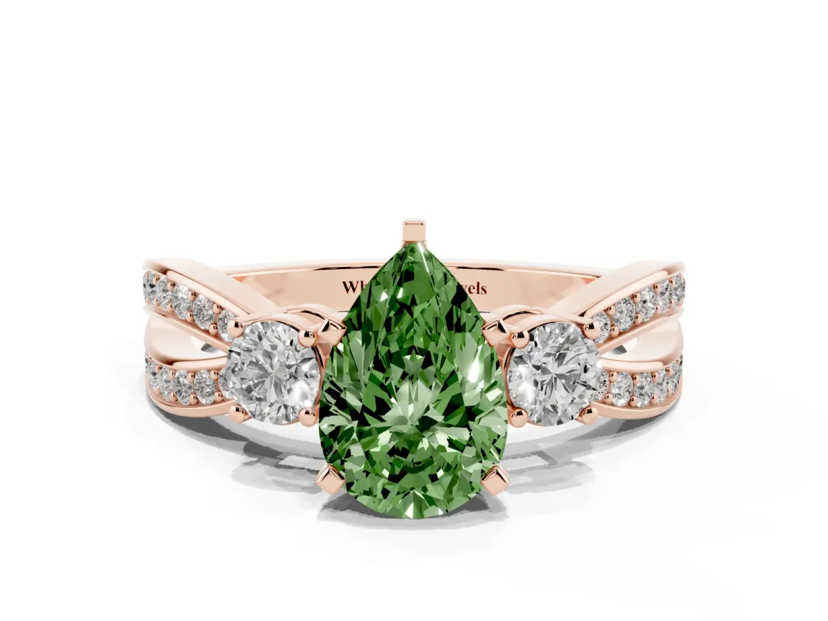 Fancy Green Three-Stone Pear Cut Cut Diamond Twist Band with Prong Setting Rose gold