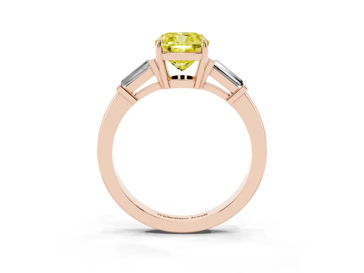 Fancy Yellow Cushion Cut Diamond Three-Stone Ring with Tapered Baguette Side Stones and Prong Setting Rose gold
