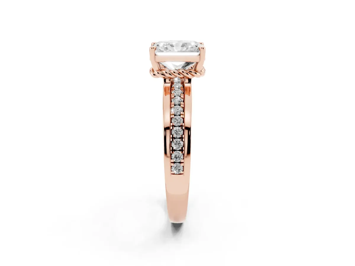 Radiant Cut Solitaire Diamond Ring with Channel Set Band and Six-Prong Setting Rose gold