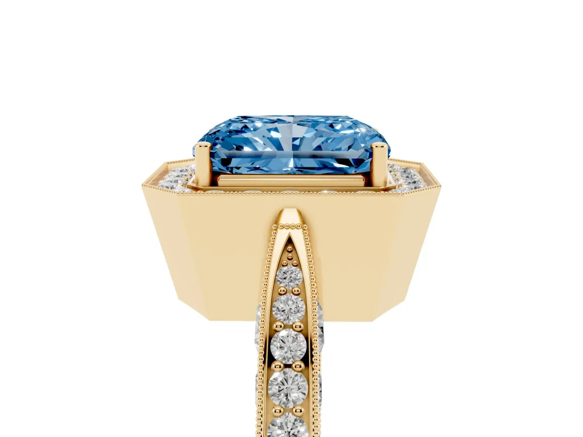 Fancy Blue Radiant Cut Halo Diamond Engagement Ring with Split Shank Band and Four-Prong Setting Yellow gold