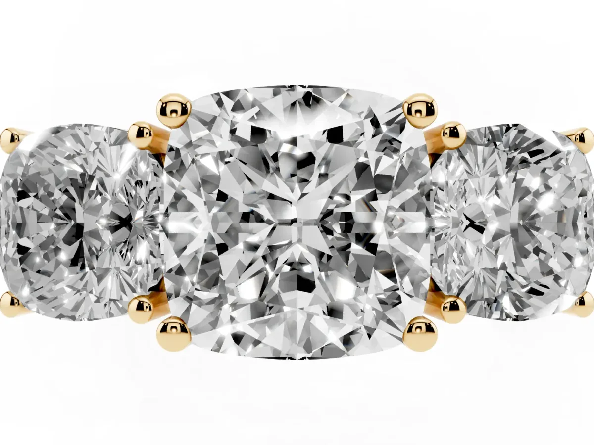 Three-Stone Cushion Cut Cut Diamond Engagement Ring with Flat Band and Four-Prong Setting Yellow gold