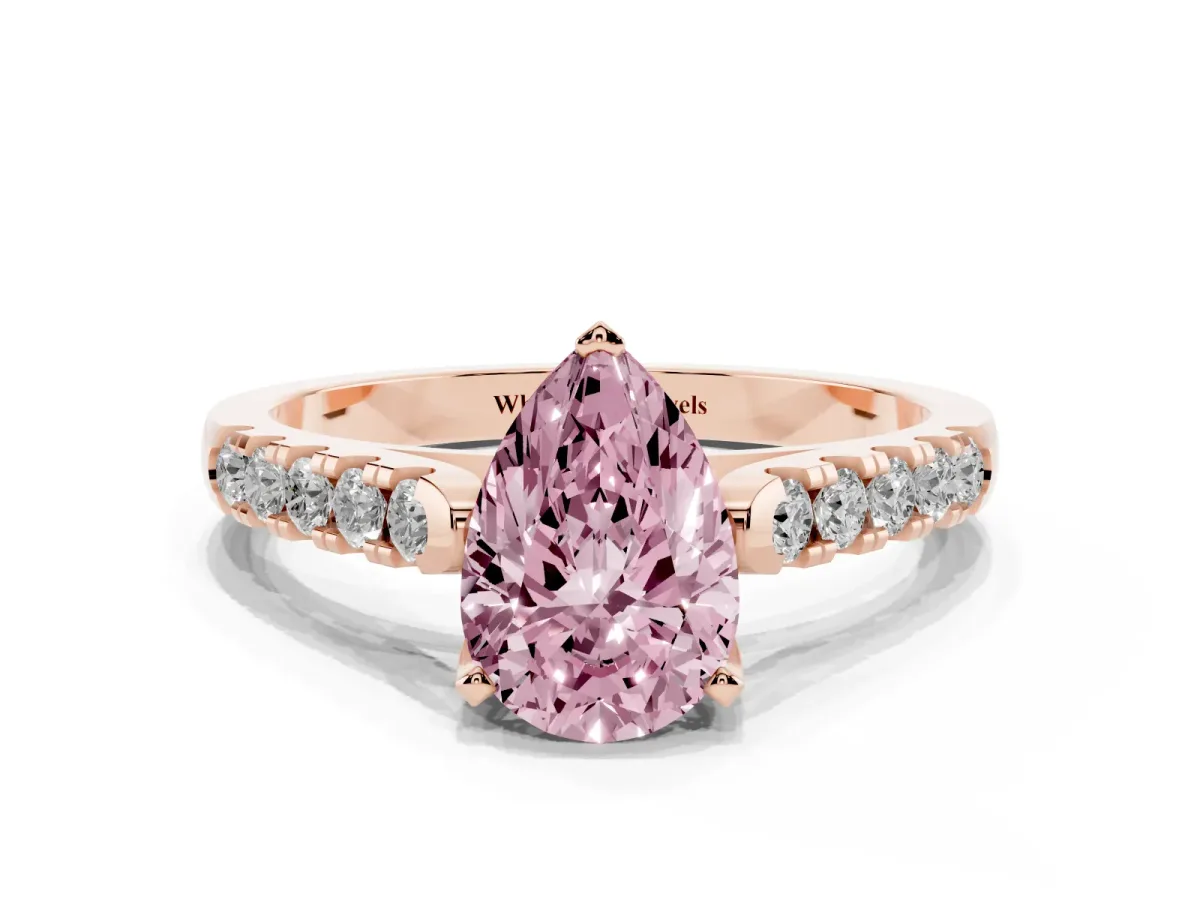 Fancy Pink Pear Cut Diamond Pavé Band Solitaire Ring with Prong Setting Rose gold