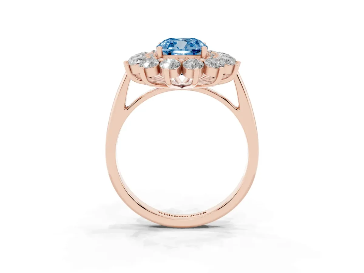 Fancy Blue Cushion Cut Diamond Floral Double Halo Engagement Ring with Prong Setting Rose gold
