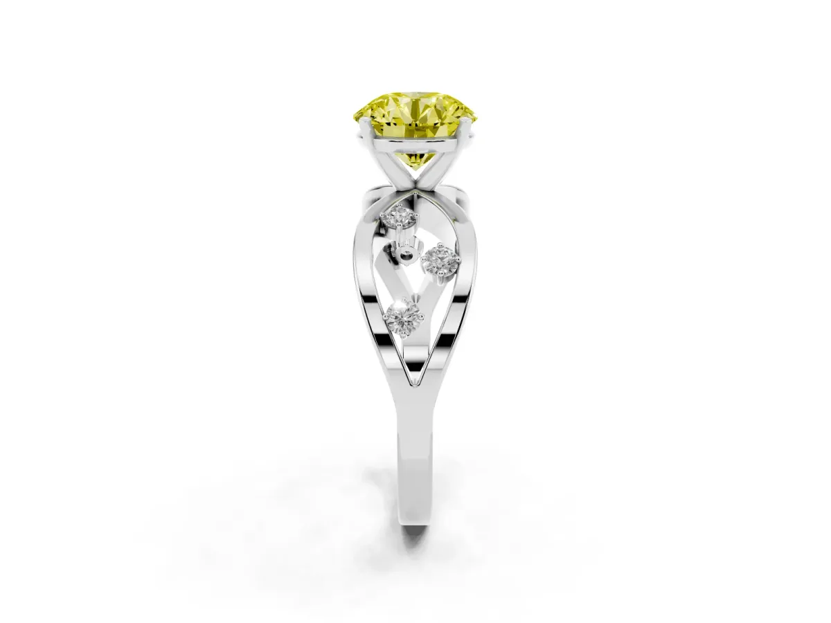Fancy Yellow Round Cut Cut Solitaire Diamond with Side Stones on Criss-Cross Band and Four-Prong Setting Silver