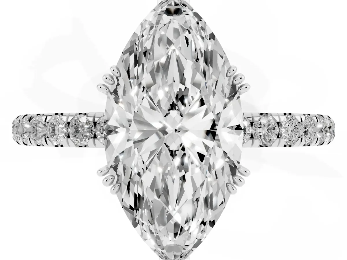 Marquise Cut Brilliant Solitaire with Pavé Band and Claw Prong Setting White gold