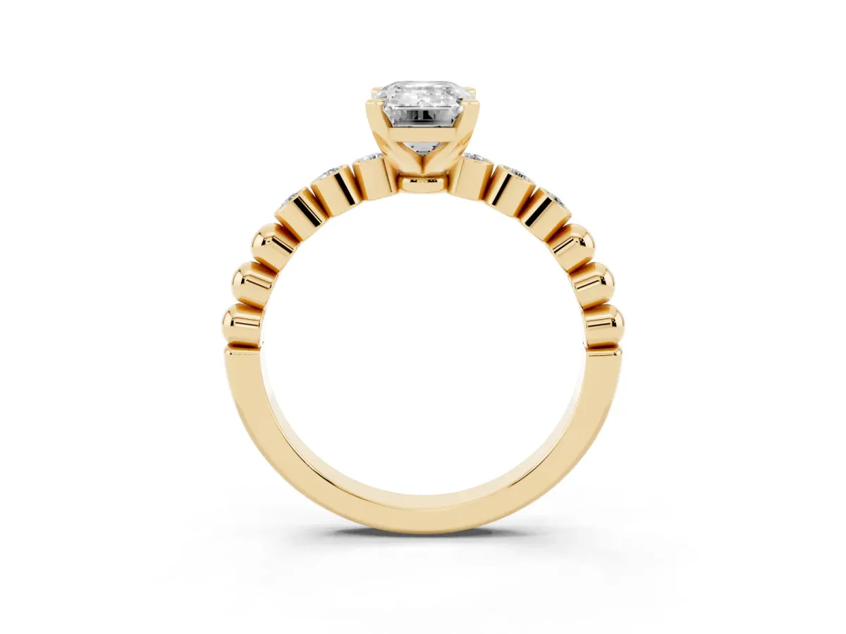 Emerald Cut Solitaire Bezel Accent Diamond Engagement Ring with Beaded Band and Four-Prong Setting Yellow gold
