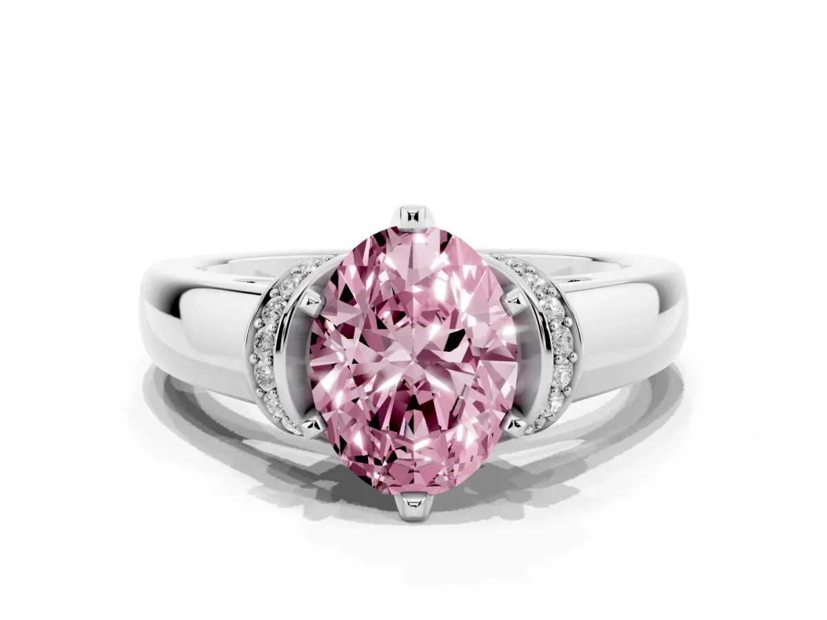 Fancy Pink Oval Cut Solitaire Diamond Ring with Pave Band and Six-Prong Setting Silver